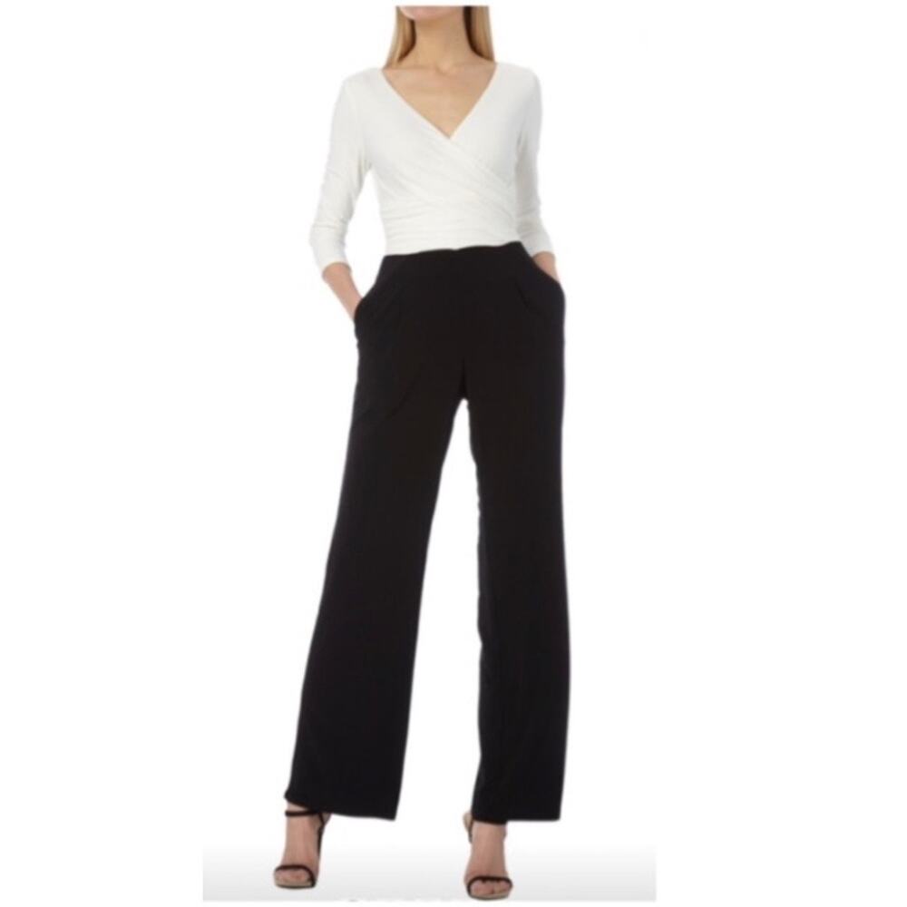 Ralph Lauren Faux Wrap Wide Leg Jumpsuit Draped V-Neck Black White Formal